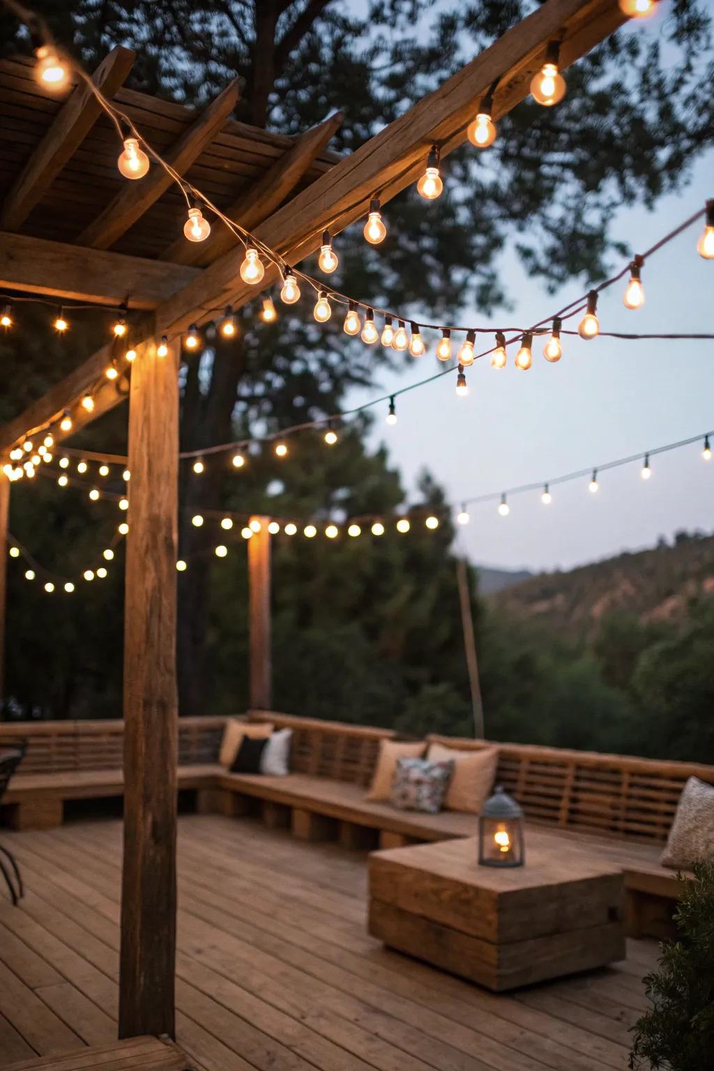 Classic lights create an inviting patio ambiance.