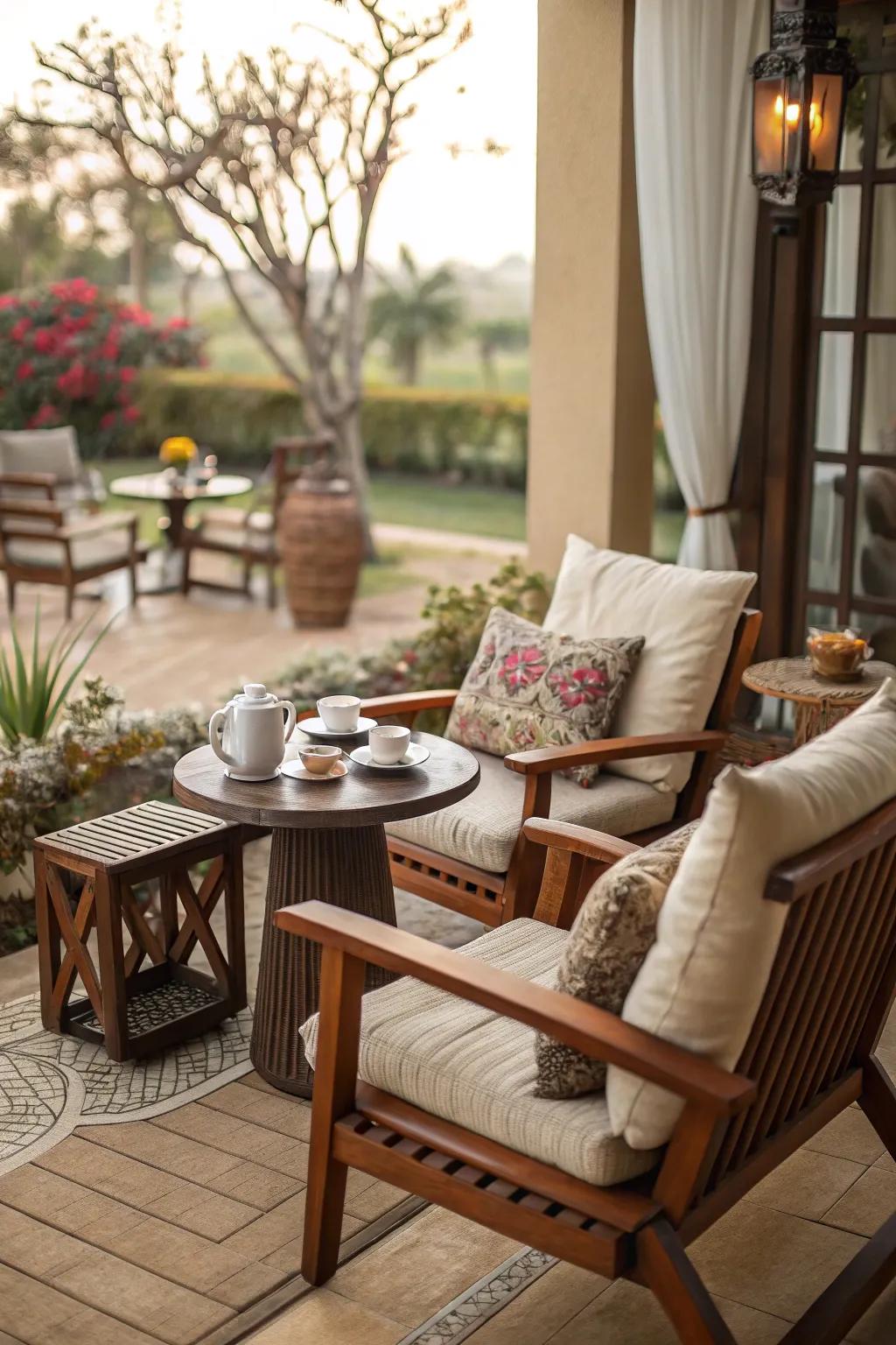 A snug sitting space featuring plush cushions is vital for a welcoming patio.