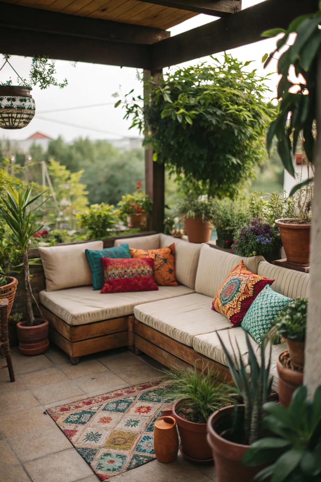 An inviting corner featuring a sectional sofa and vibrant pillows.