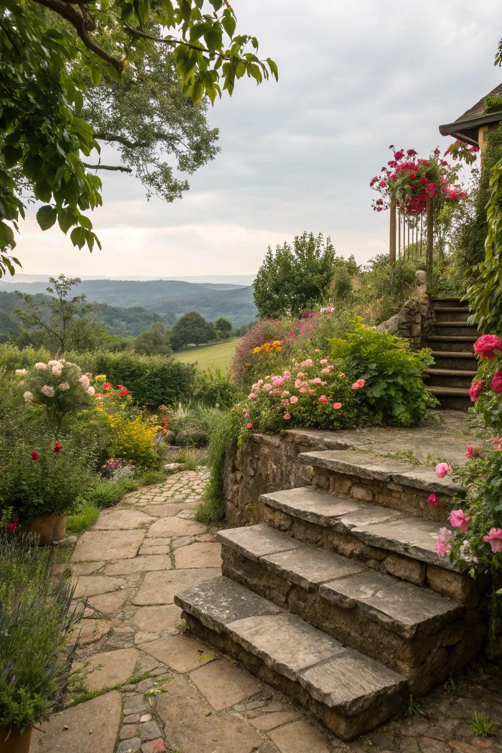 Unrefined stone steps effortlessly blend with the setting.