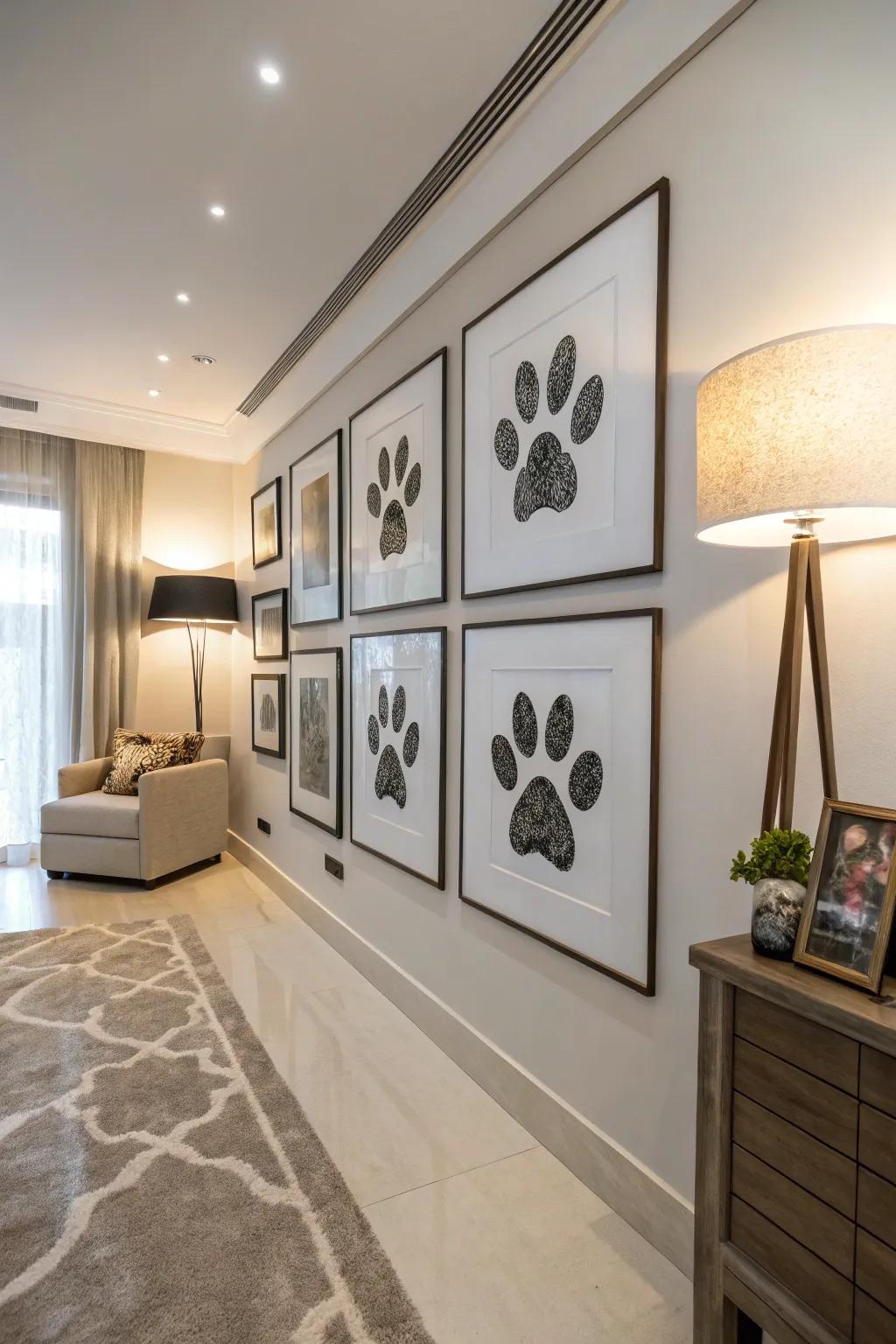 Framed paw impression art adding charm to a stylish room.