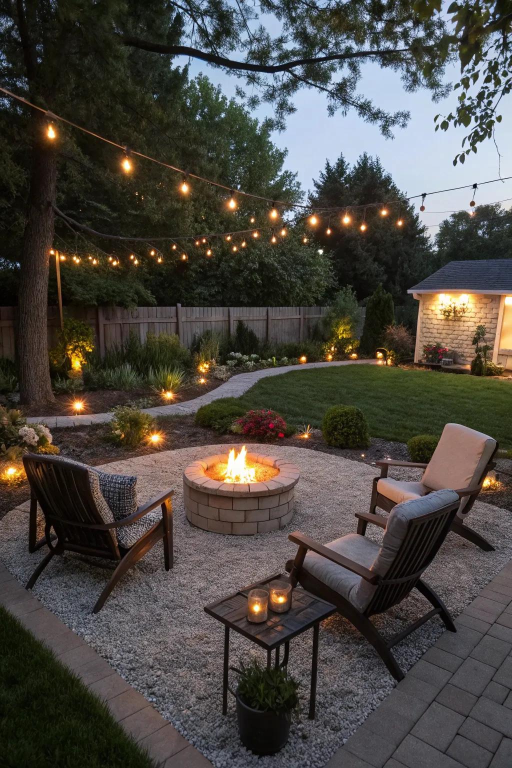 Enhance your evenings with a fire pit area surrounded by pea gravel.