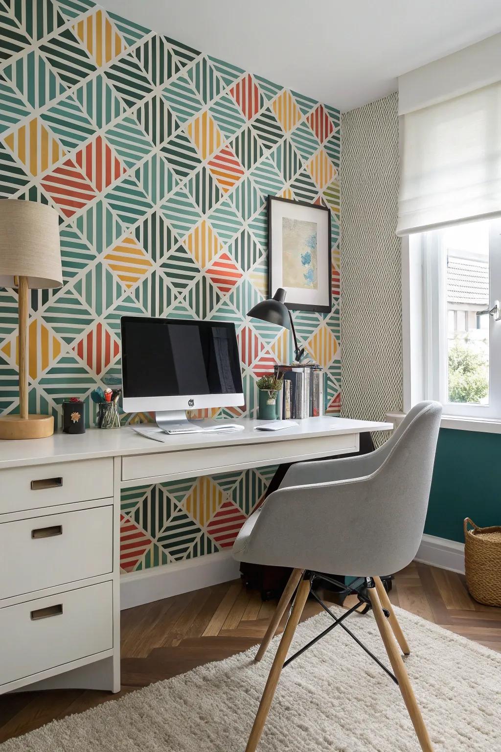 Design a stimulating home study with bold removable wallpaper features.