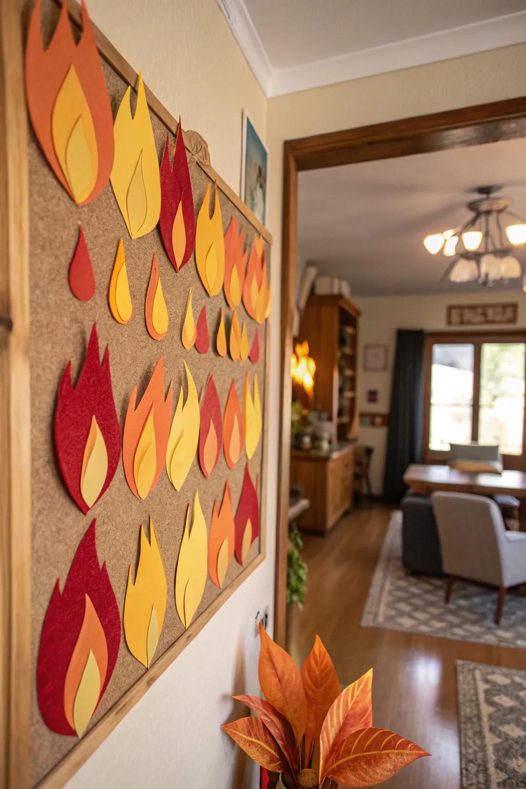 Layered paper flames in vibrant colors vividly express the spirit of Pentecost.