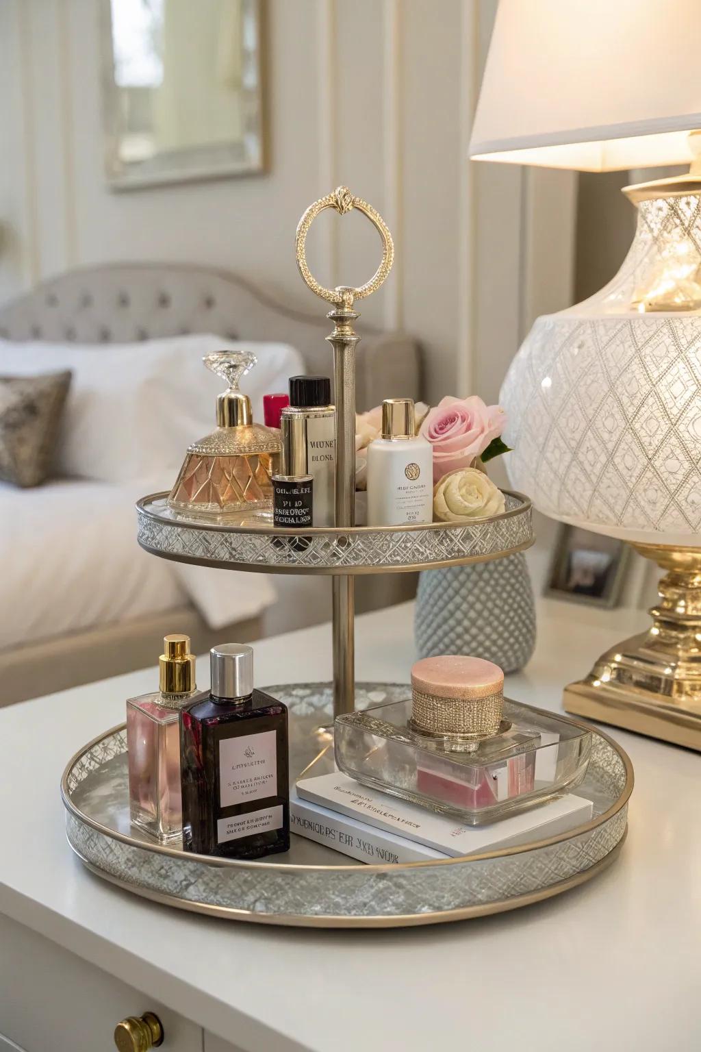 A gracefully arranged assortment of perfumes on a tiered tray, ideal for maximizing space while adding a touch of elegance.