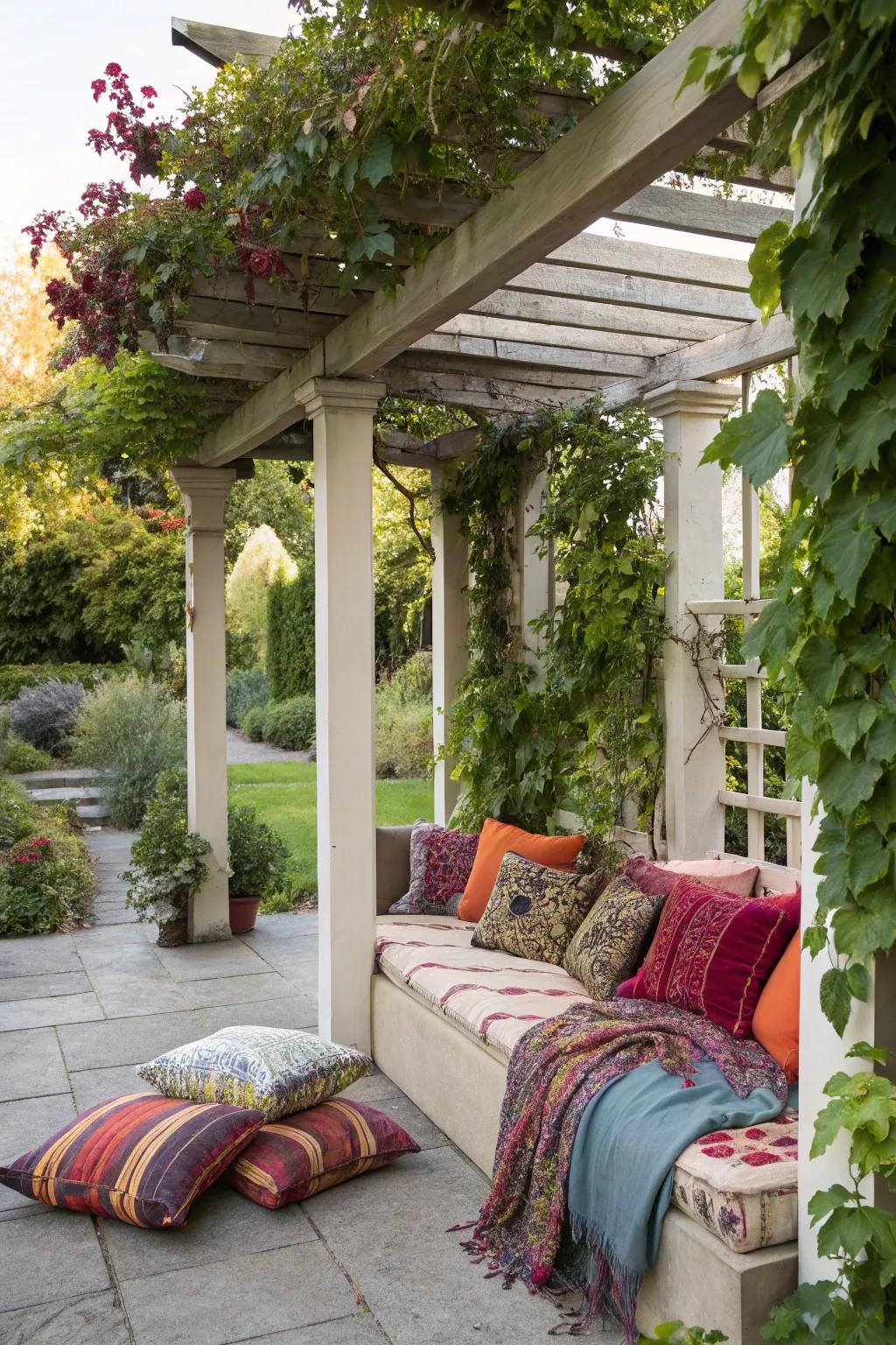 A comfortable seating arrangement beneath the pergola encourages relaxation and ease.