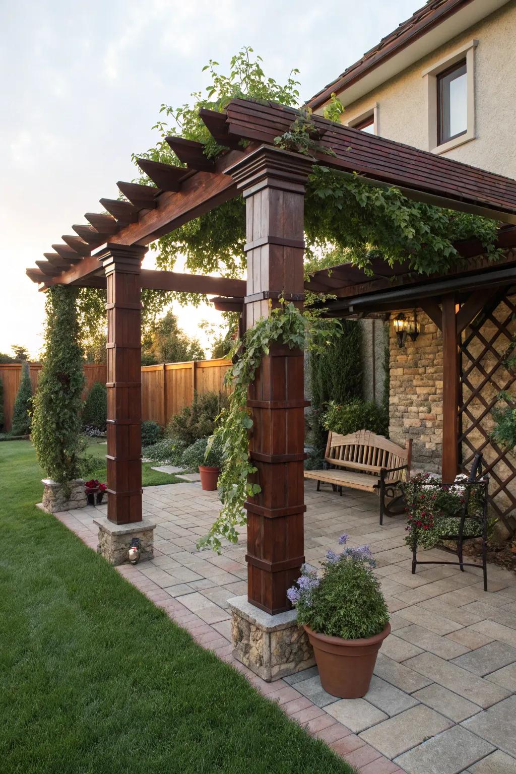 The integration of classic wooden wraps bestows an enduring elegance upon pergola pillars.