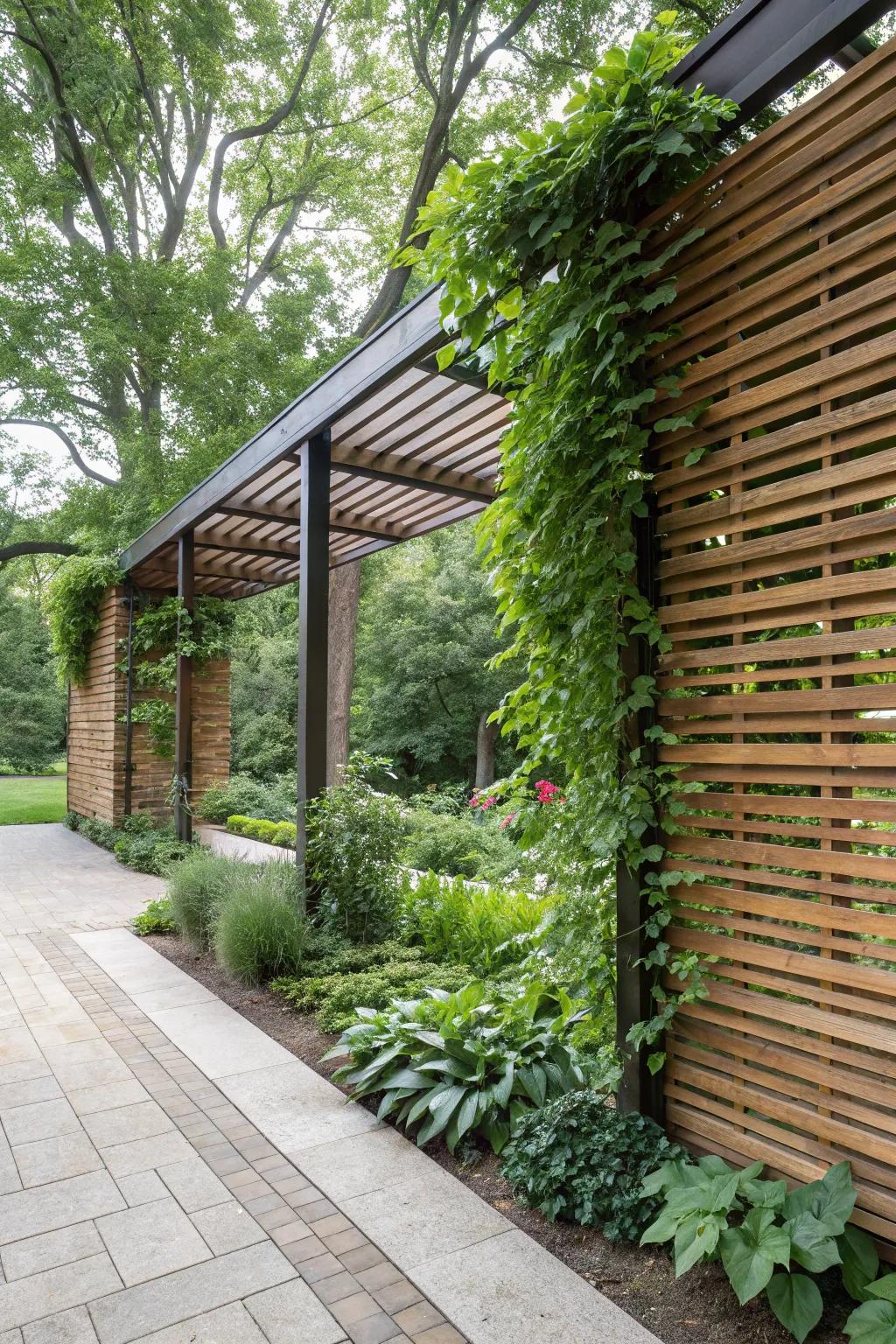 Horizontal wooden louvers evoke an inviting and authentic ambiance.
