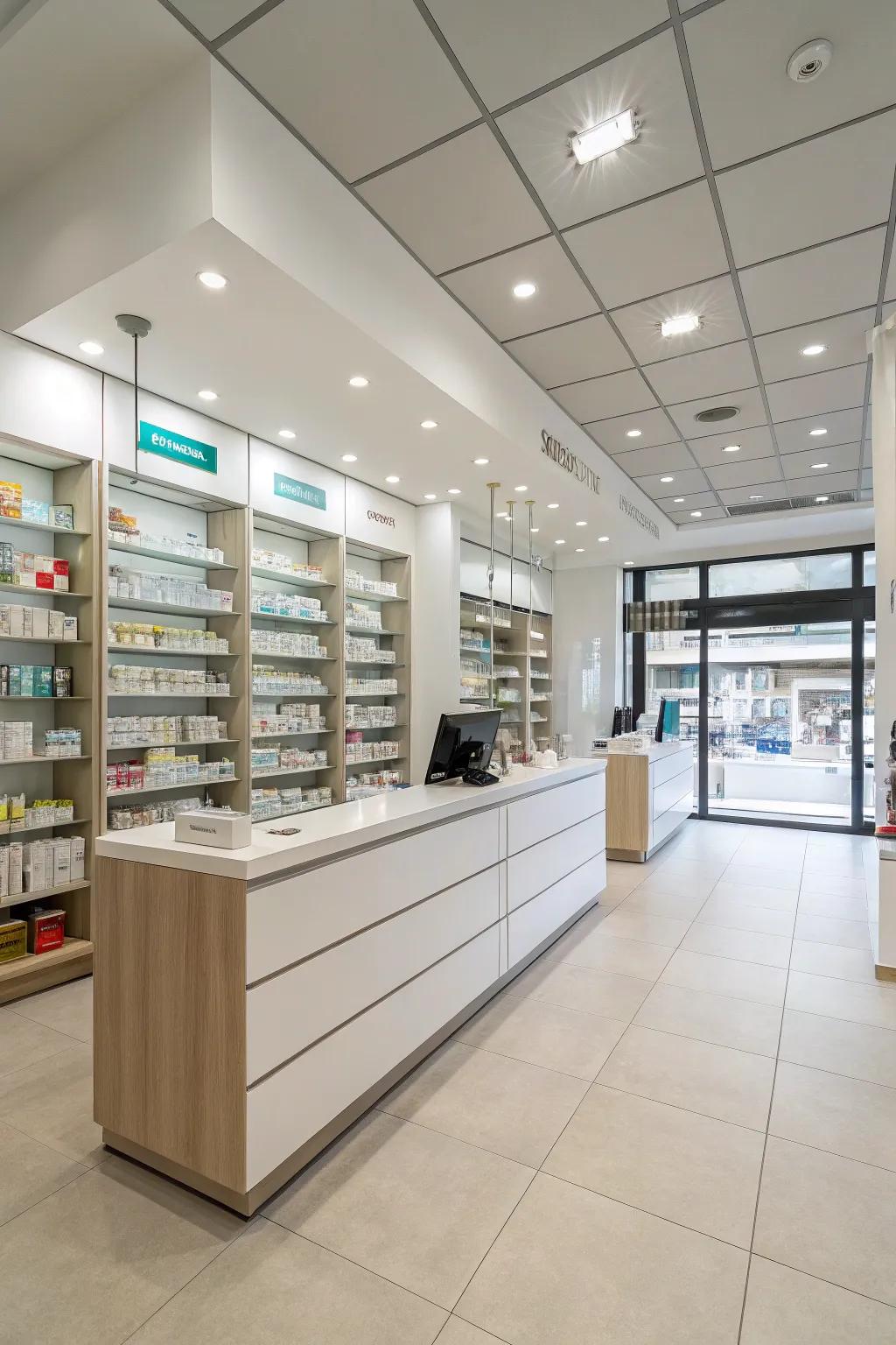 A pharmacy enhanced with a modern, minimalist design philosophy