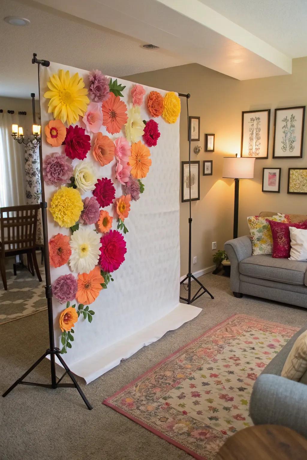 A breathtaking floral backdrop cultivates a dreamy, romantic setting for your photo booth.
