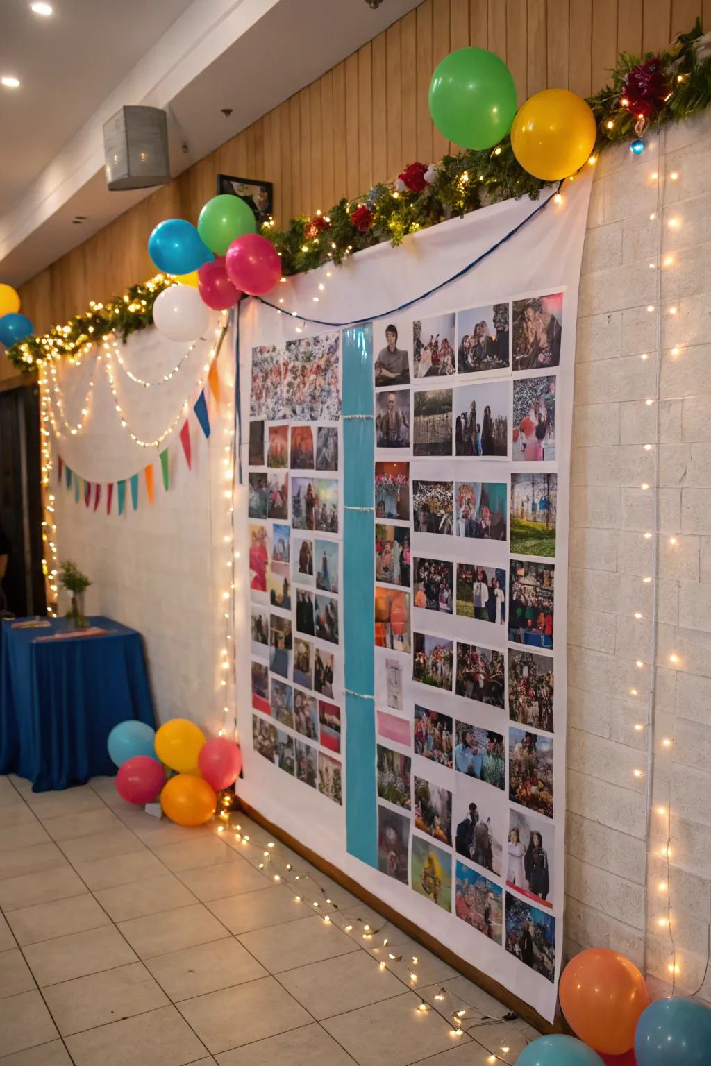 A monumental photo collage serves as an impressive party centerpiece.