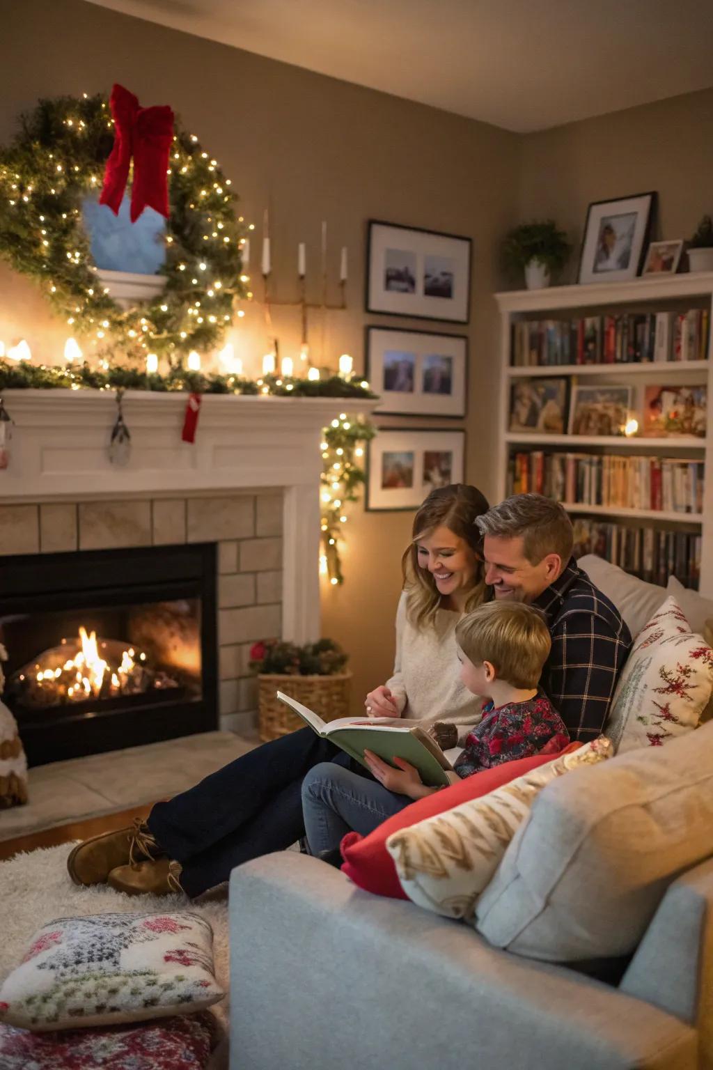 A family cherishing a snug moment around a finely adorned fireplace.