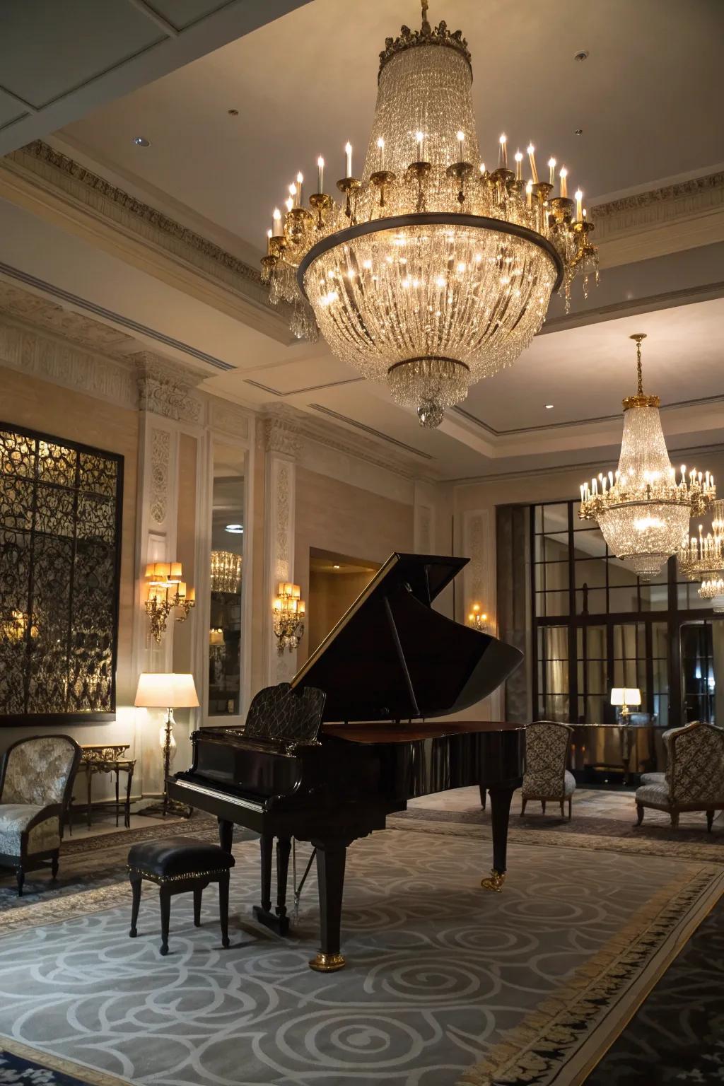 The chandelier introduces elegance and sophisticated illumination to the piano room.