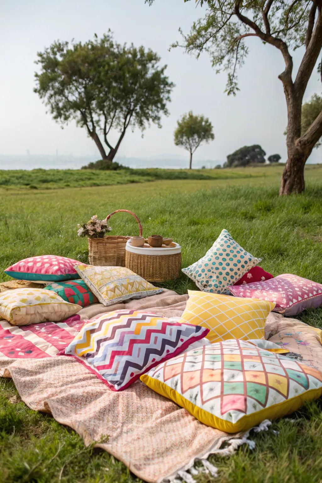 Comfortable, vibrant cushions create a snug picnic ambiance.