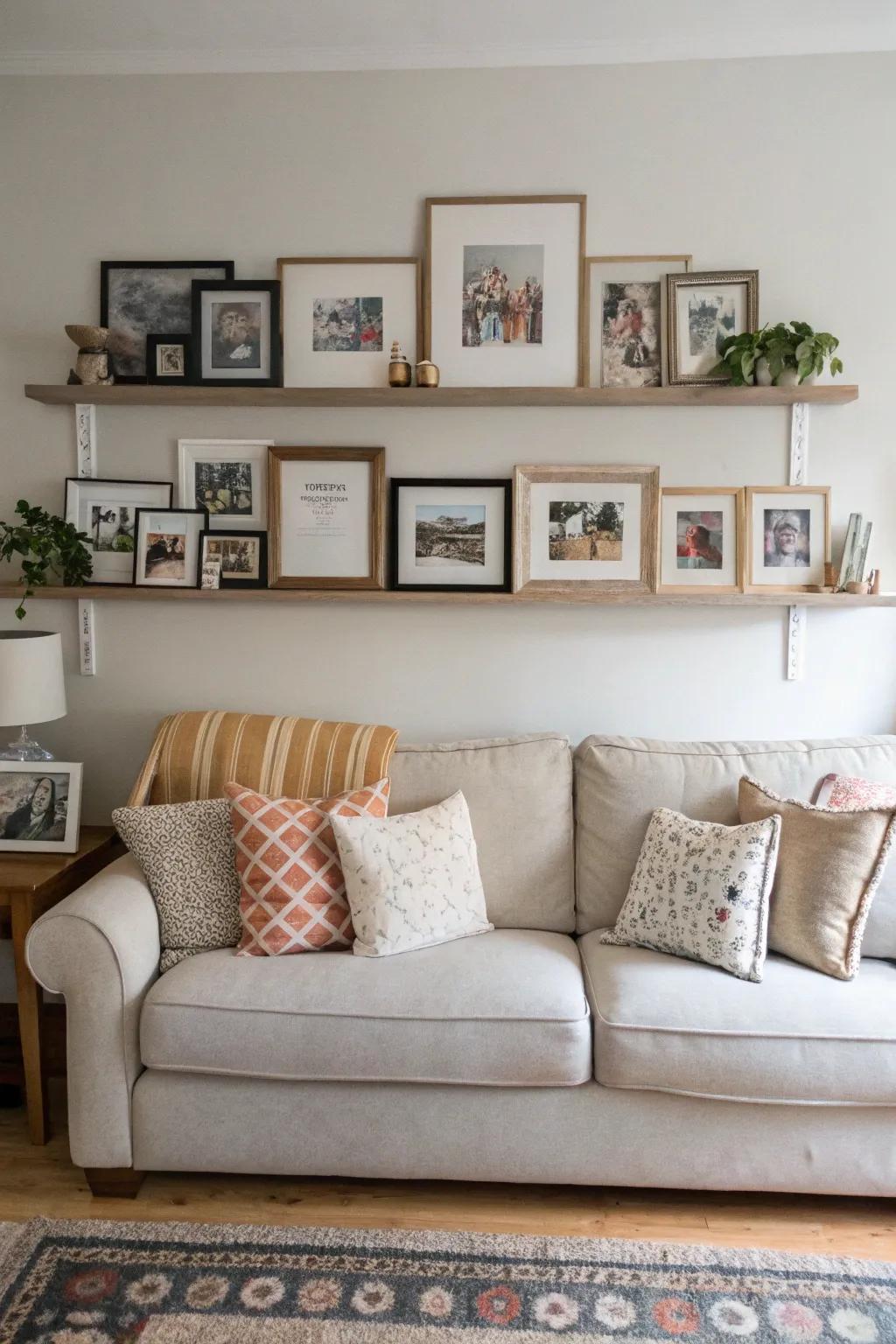 Living room picture ledge above a sofa with family photos and art.