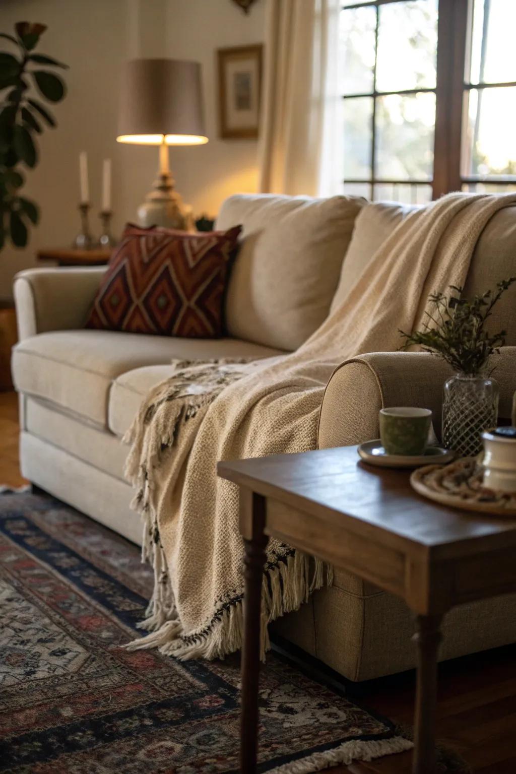 A throw casually draped over the back of a couch for a classic, relaxed look.