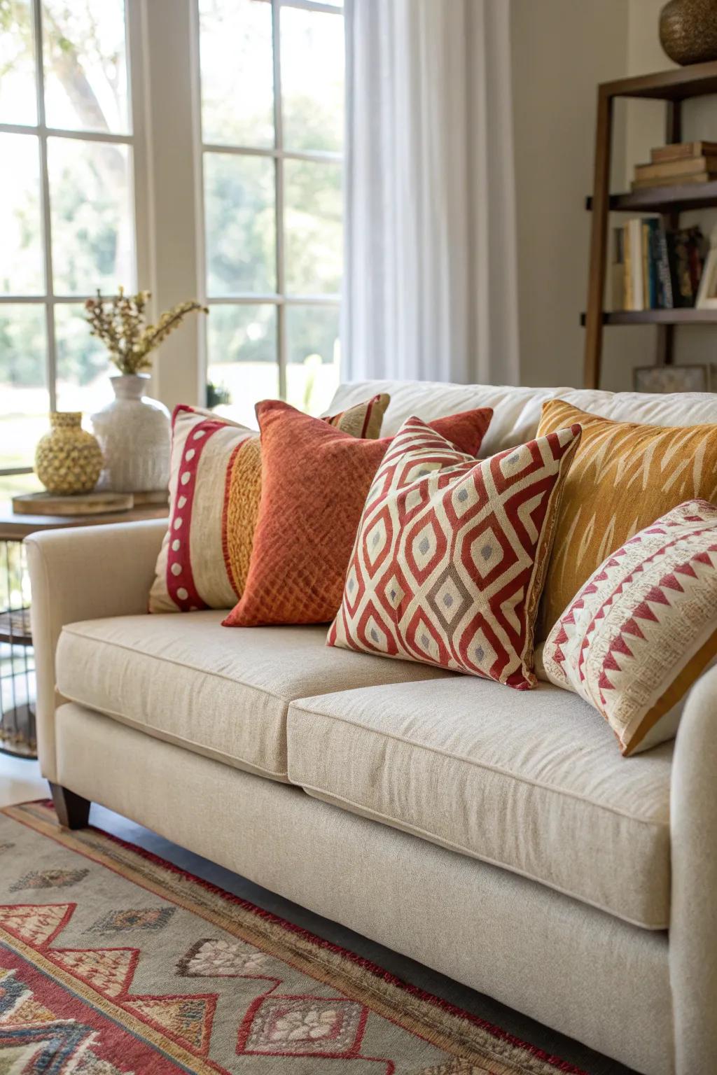 A harmonious color palette of pillows on a living room sofa.