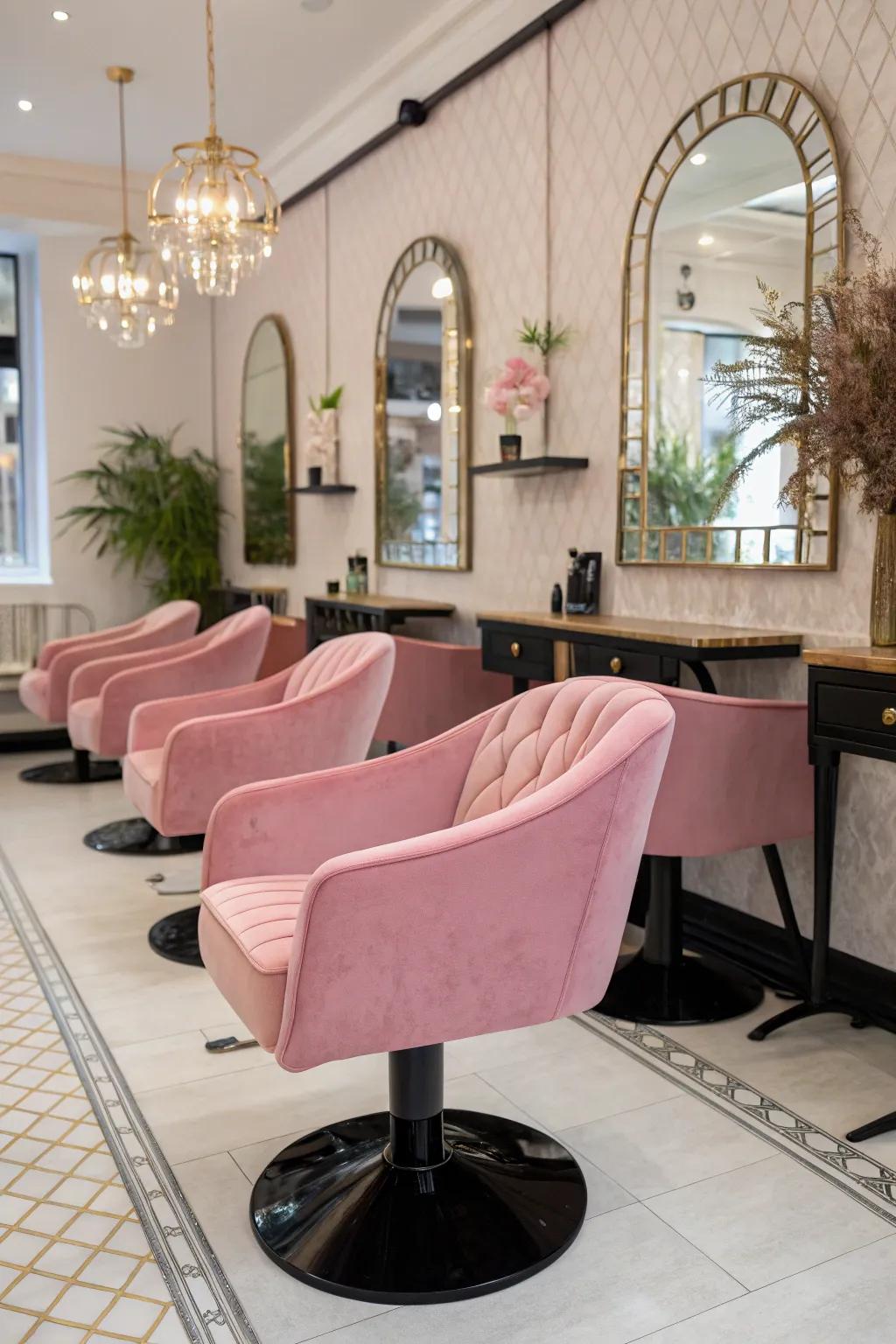 Luxurious rose seating with onyx accents introduces opulence to any salon.
