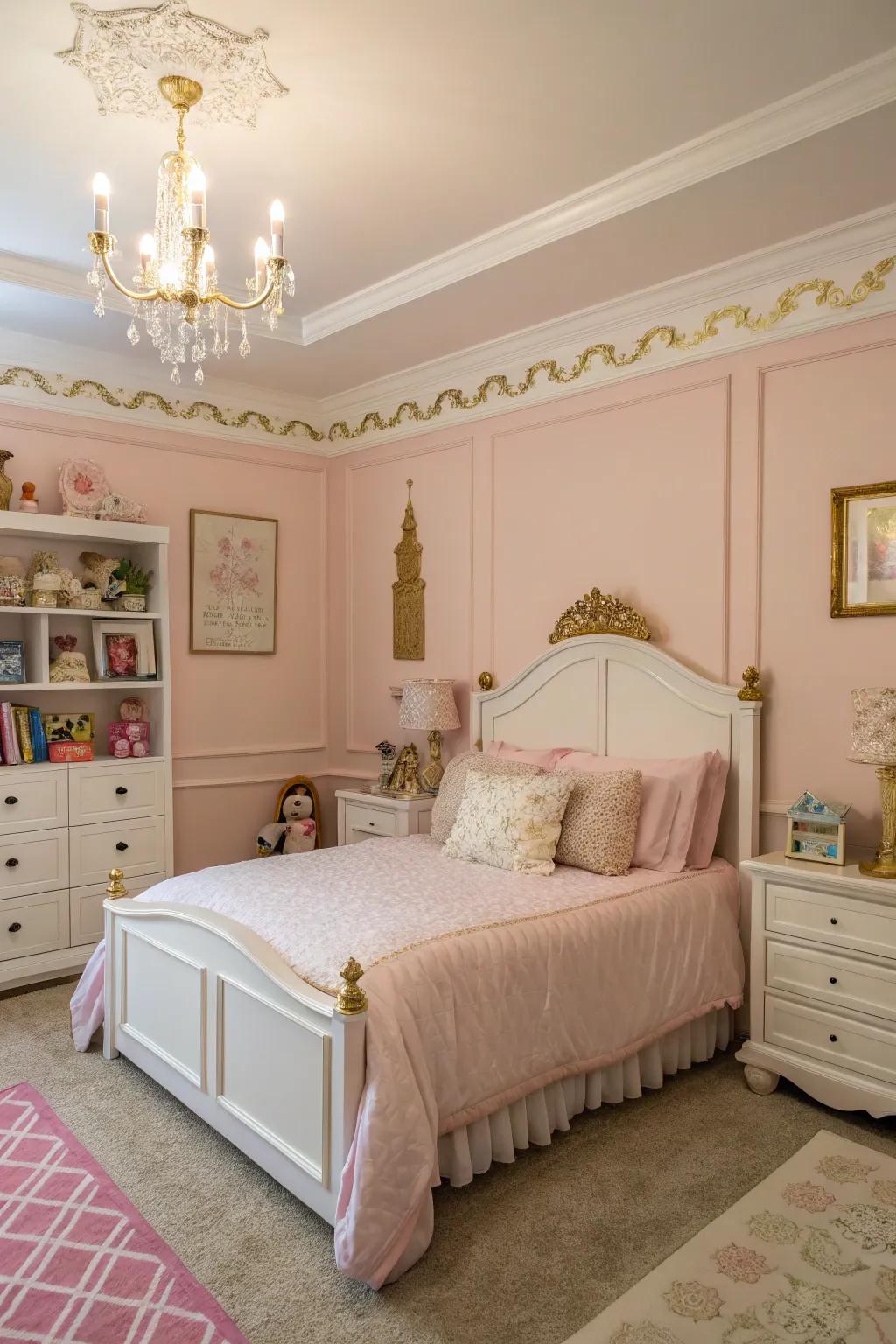 Soft pink walls fashion a whimsical backdrop for a girl's personal sanctuary.