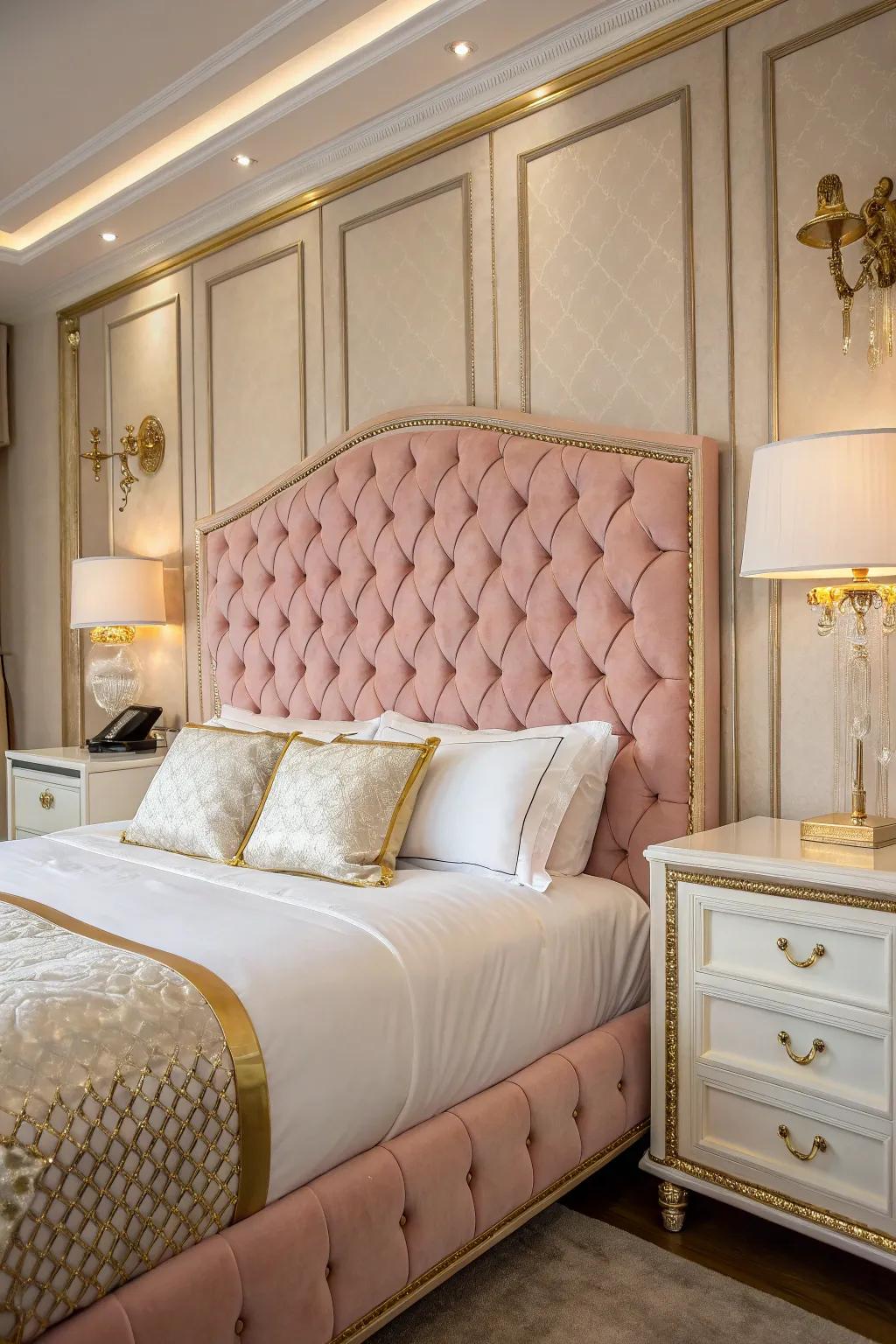 A luxurious bedroom featuring a tufted pink velvet headboard as the central attraction.