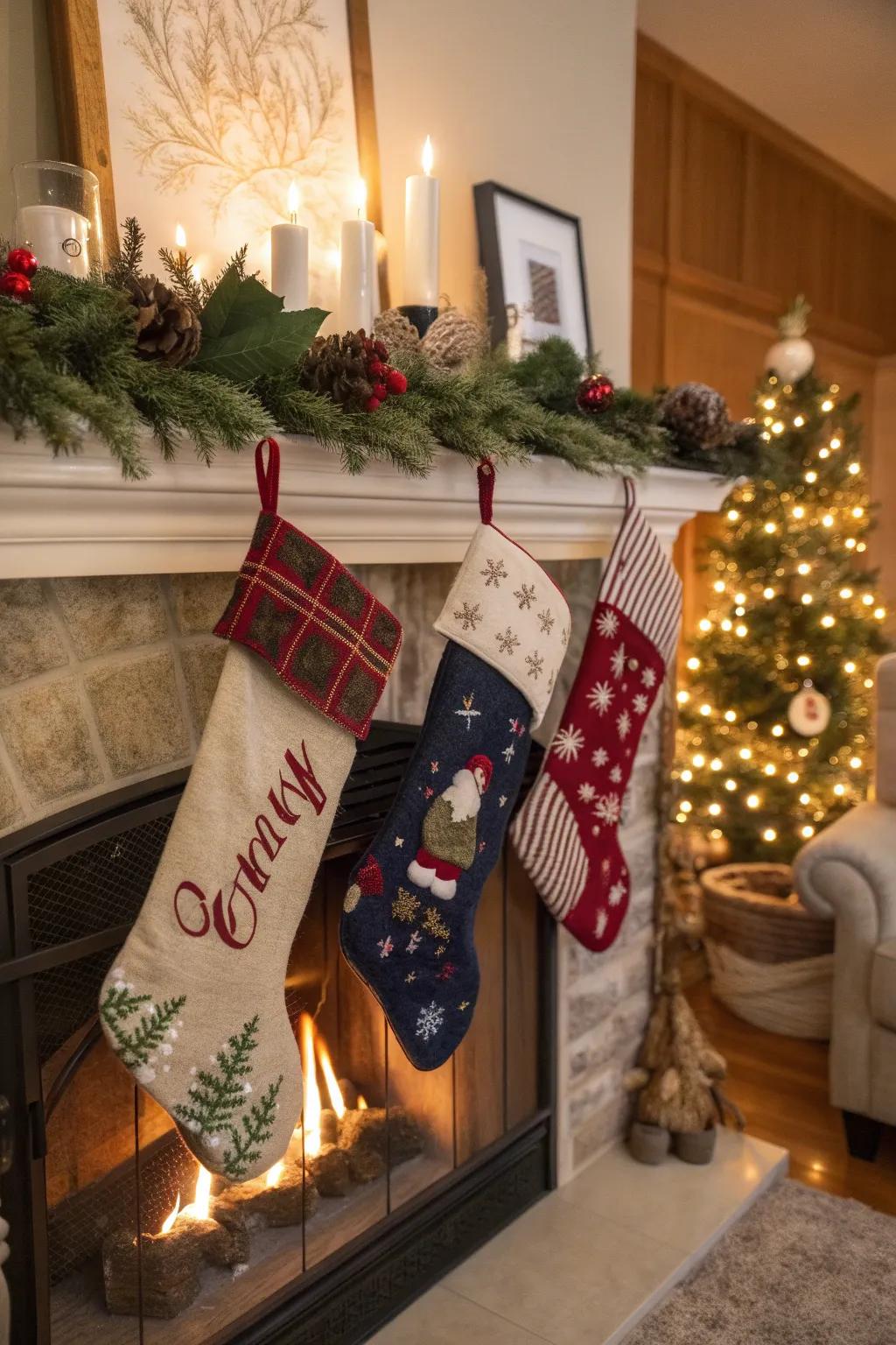 Personalize your Christmas hosiery for a comfortable hearth setting.