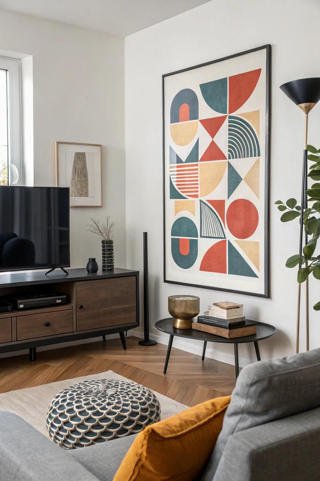A noteworthy conceptual art print featuring geometric shapes in a contemporary living space.
