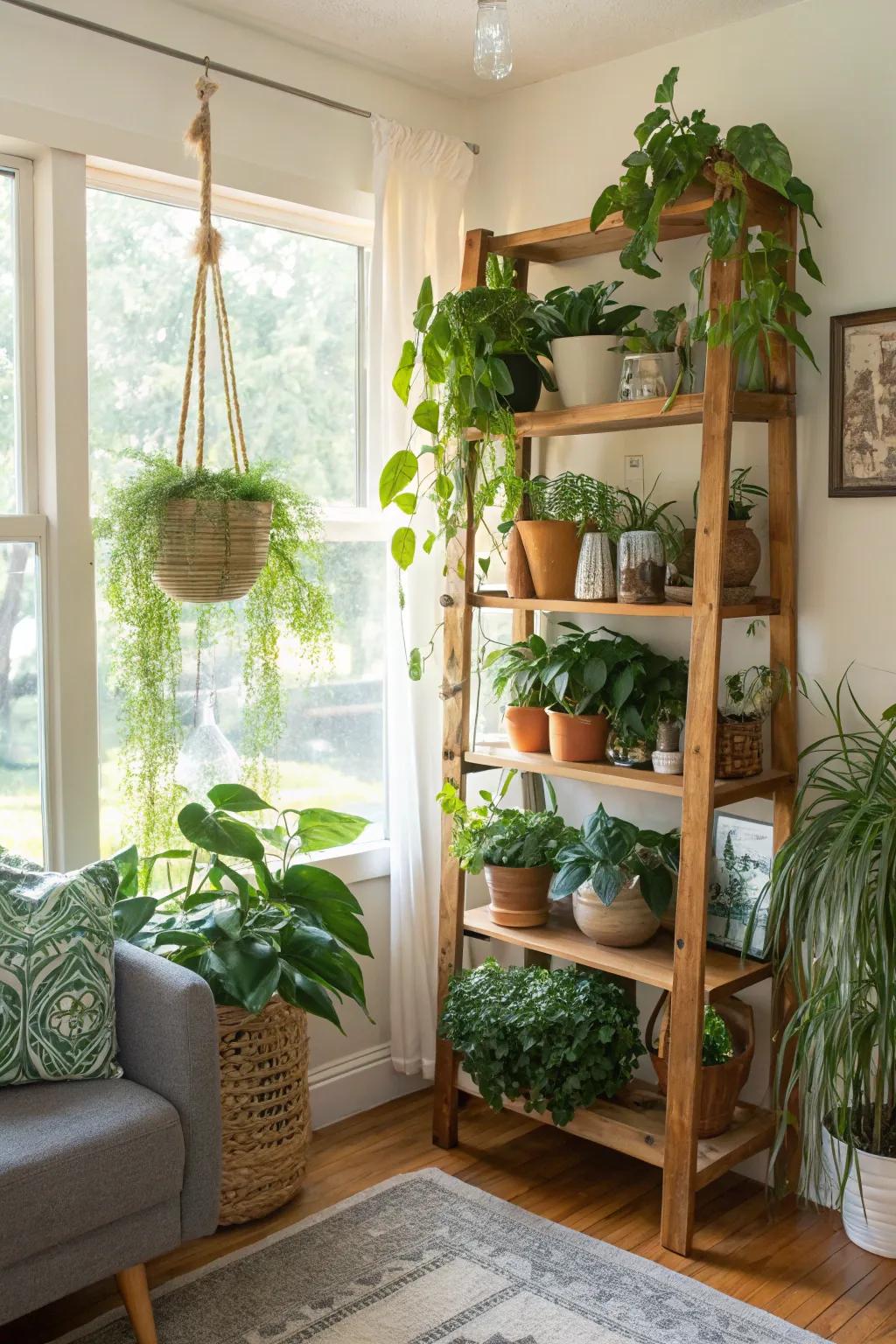 Construct a skyward-reaching garden utilizing shelves.