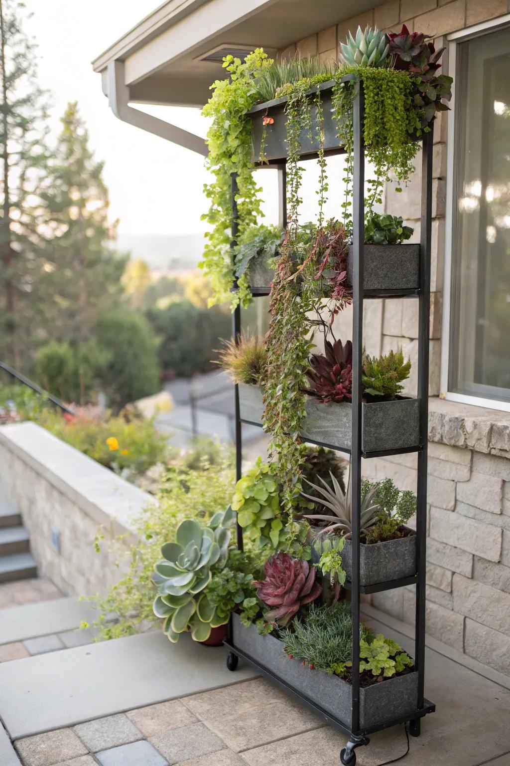 Optimize space with tiered plant arrangements.
