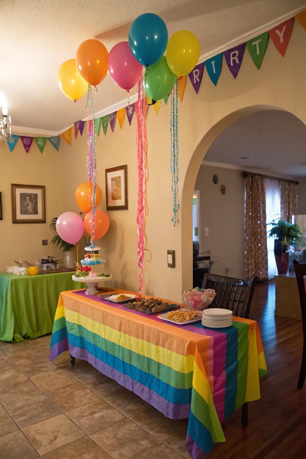 Change any space with a layered plastic tablecloth backdrop.