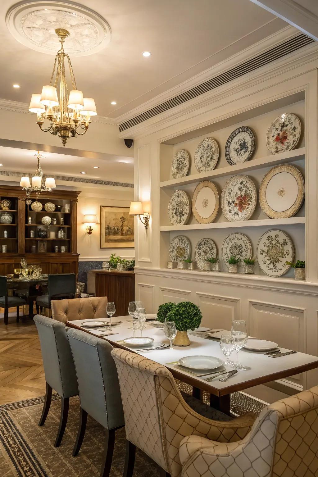 A timeless dining room showcasing a classic plate rail display