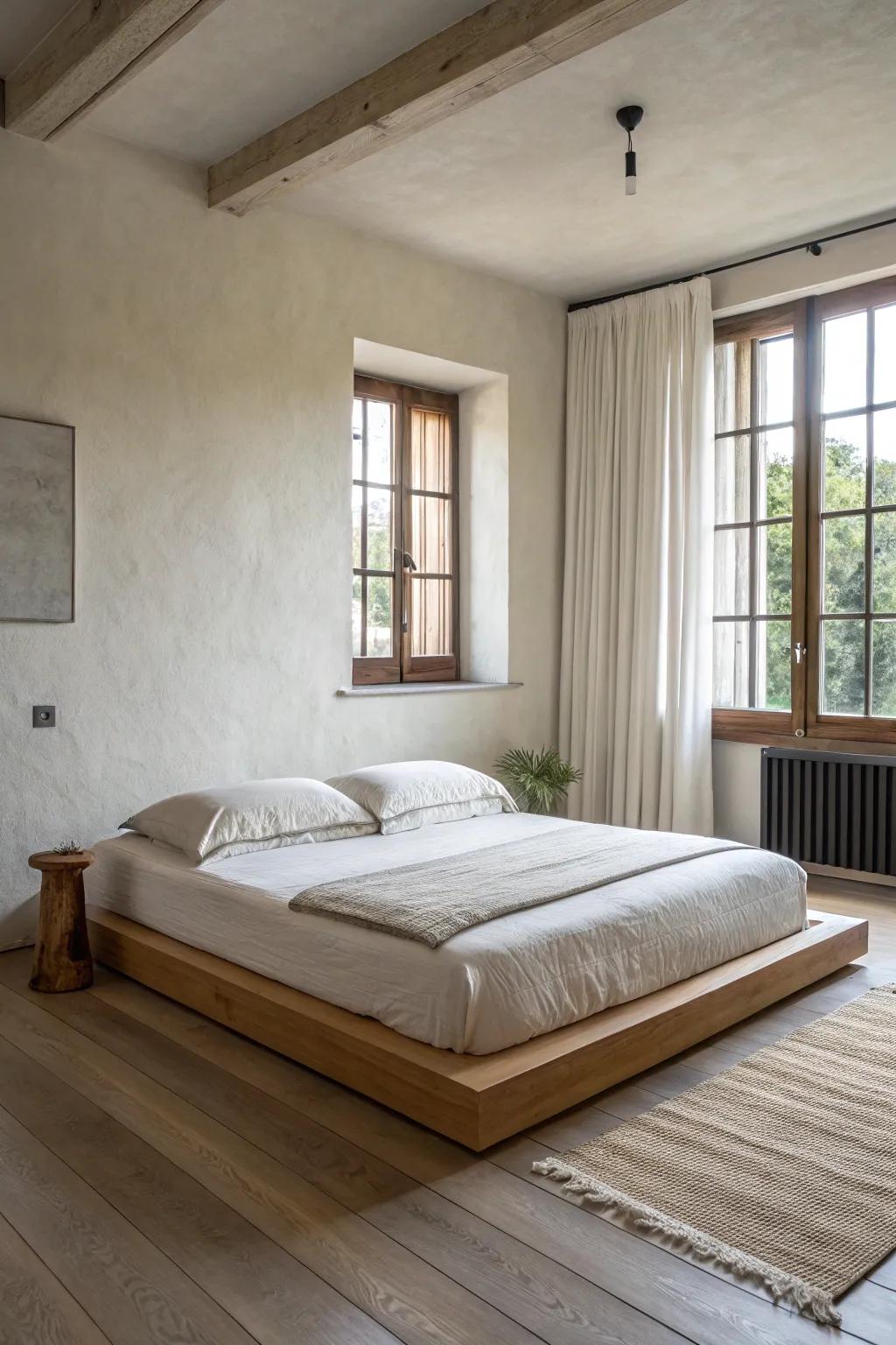 Minimalist platform beds evoke a pristine and calm ambiance.