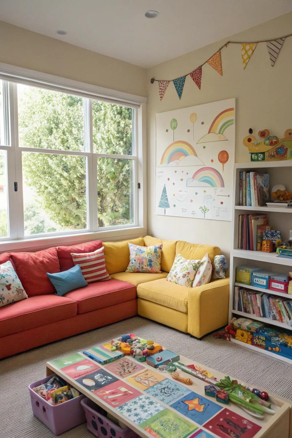 A playful playroom showcases a vibrant sectional seating arrangement at its core.