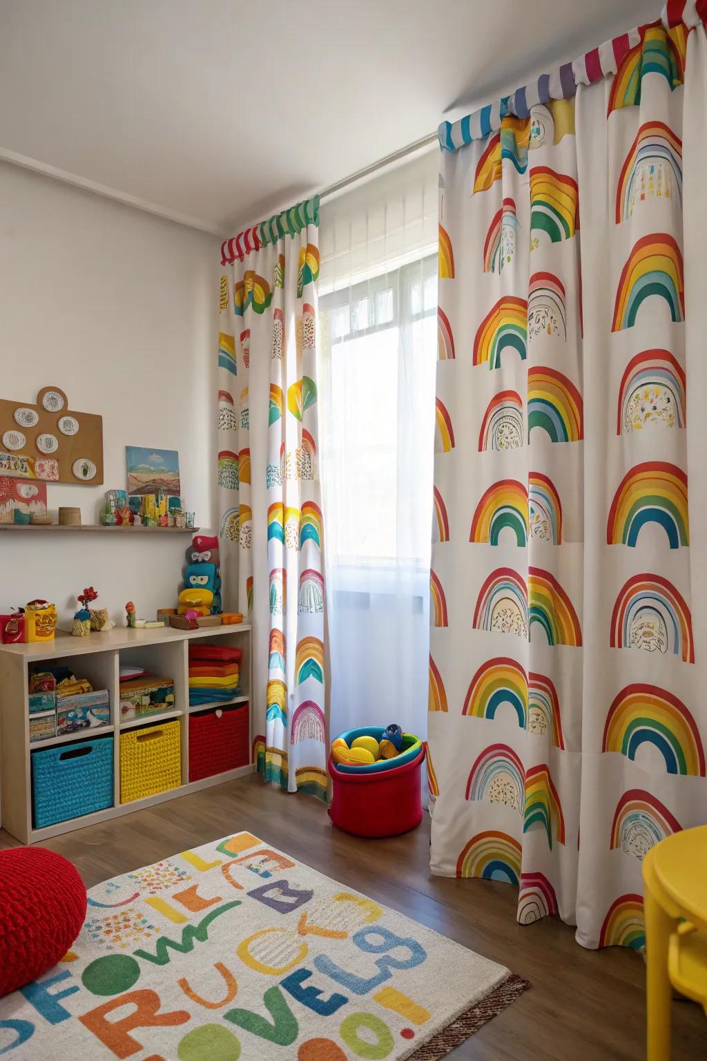 Rainbow patterned curtains infuse the playroom with vibrant color.