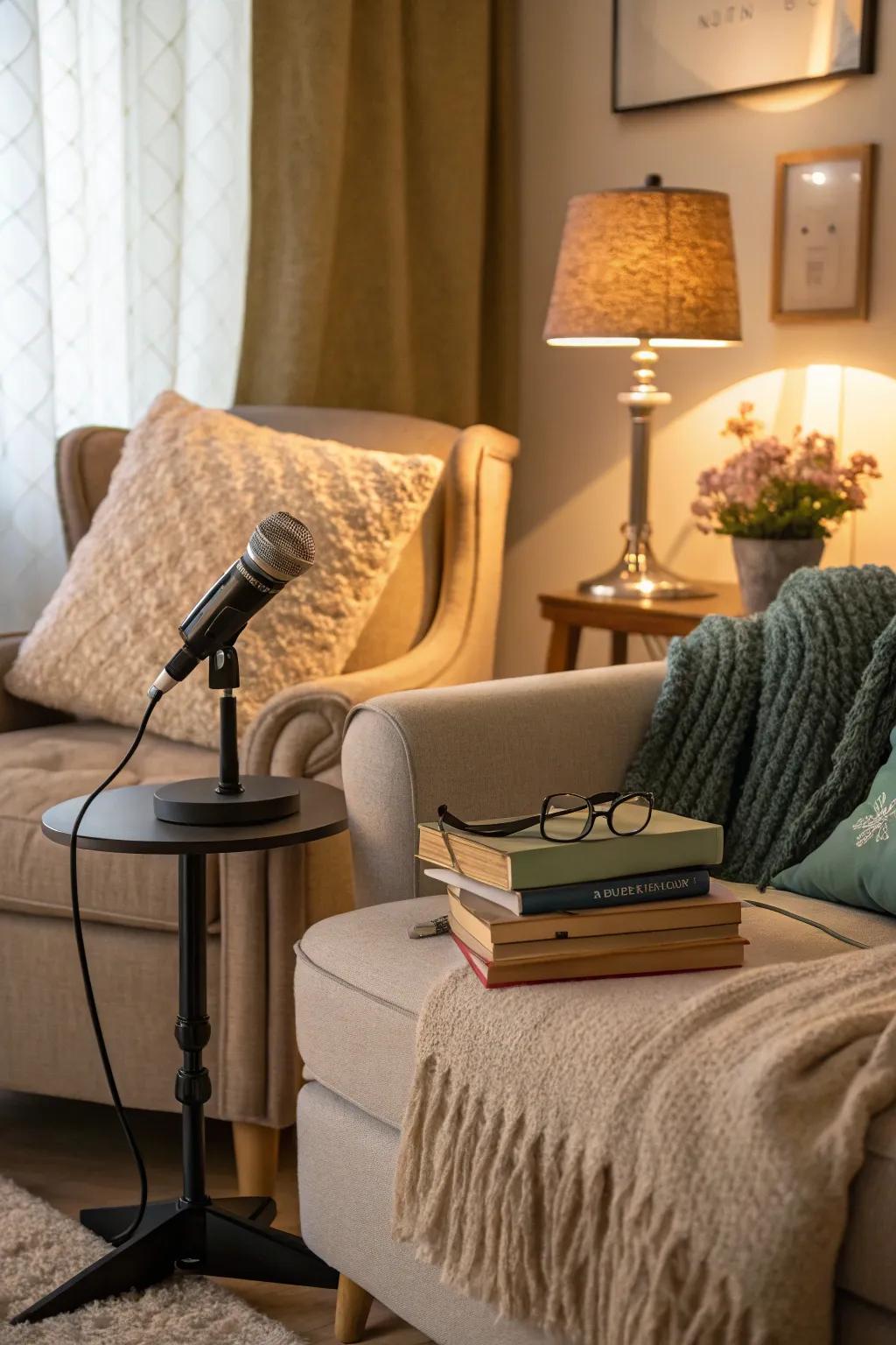A welcoming podcast nook nestled in a living room area.
