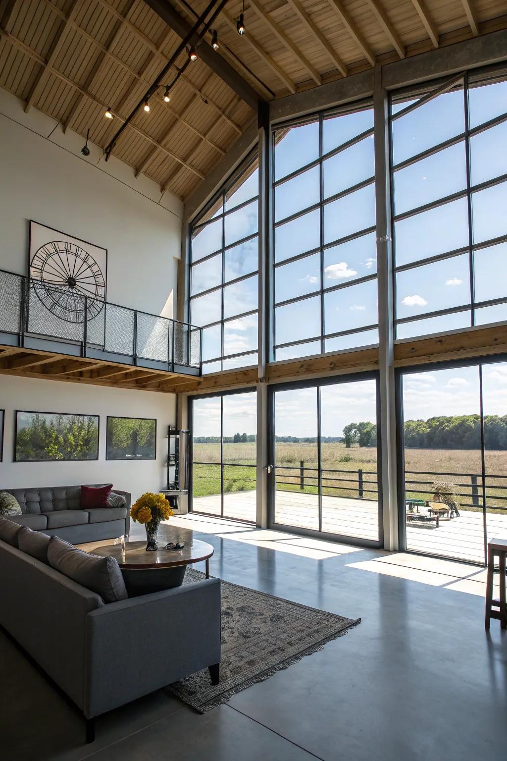 An illuminated and expansive loft area effortlessly integrated into the pole barn's design.