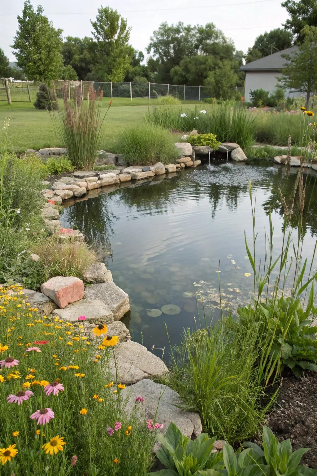 A pond featuring borders of natural stone, integrating perfectly into the garden's scenery.