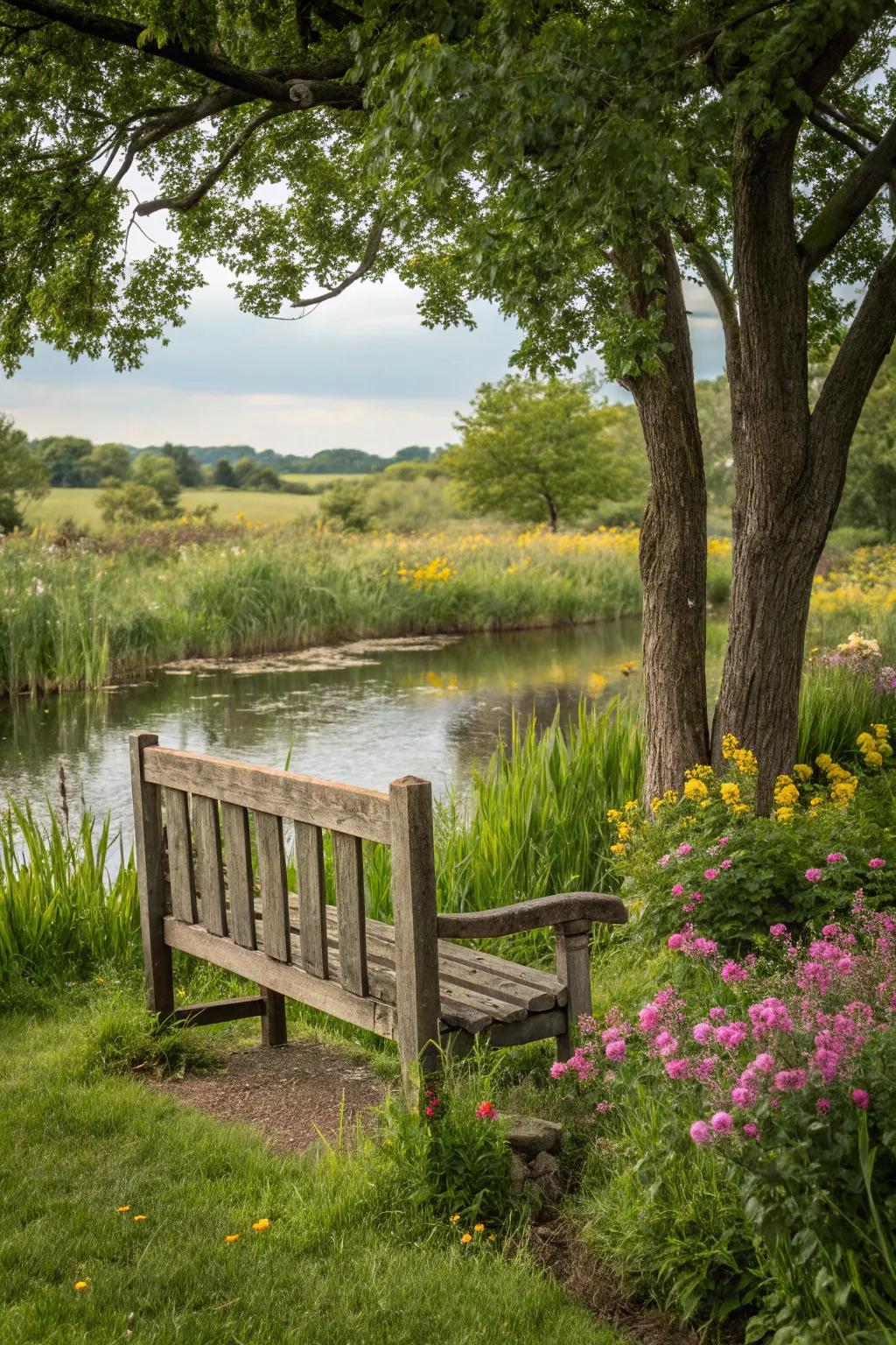 A classic timber bench offers a delightful spot for relaxation by the pond.