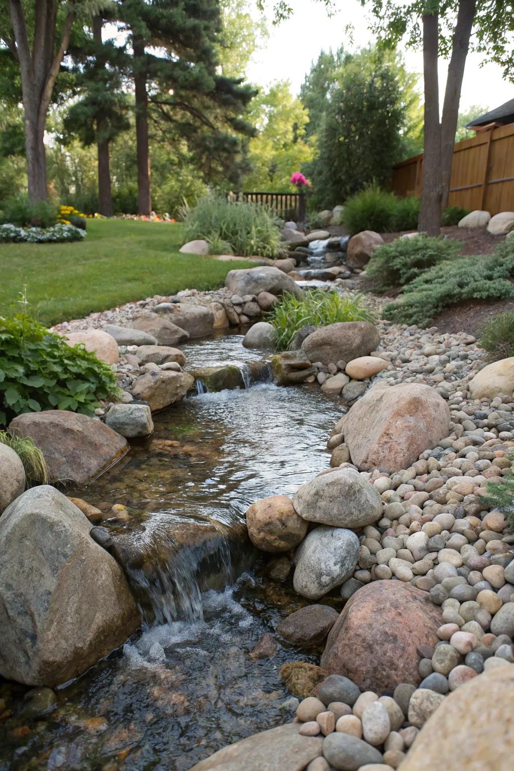 Natural stones provide a consistent and enduring aesthetic for your stream.