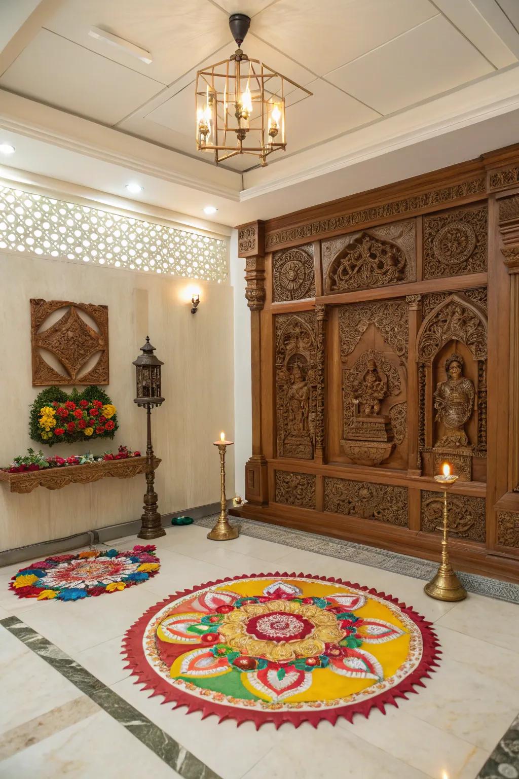 A detailed backdrop elevates the holy ambiance of this pooja room.