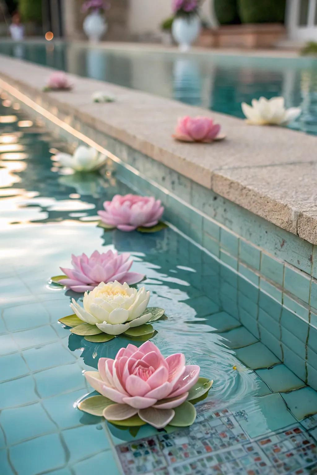 Elegant drifting floral displays gracing the serene surface of a pool.