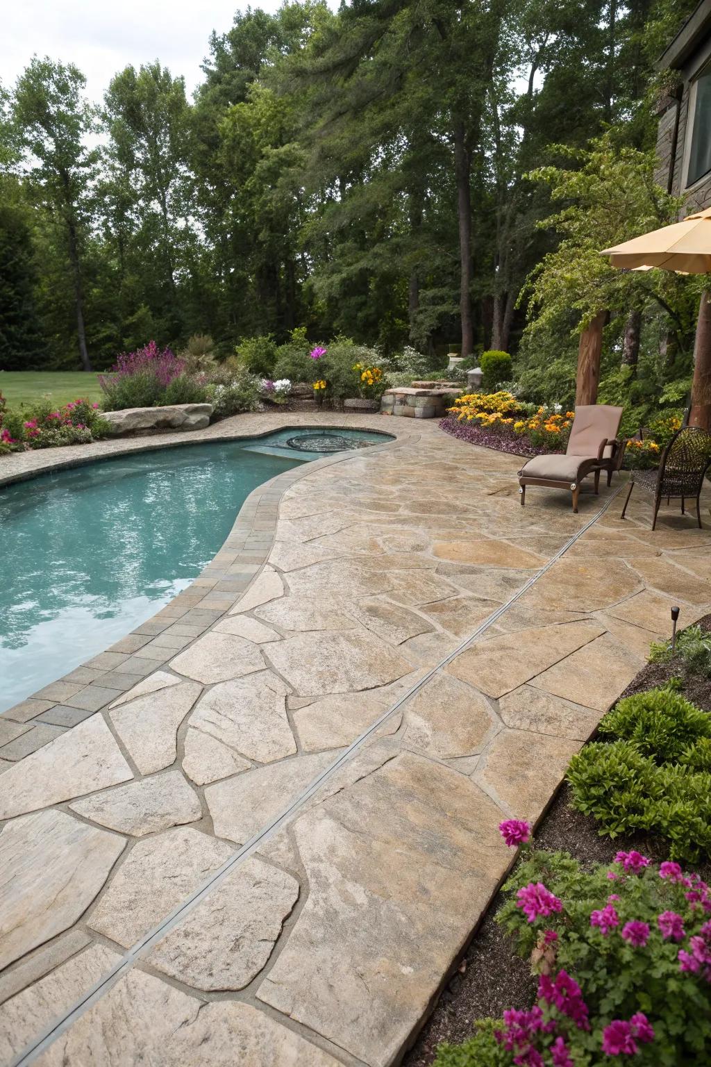 Patterned concrete enhances the elegance and safety of any poolside escape.