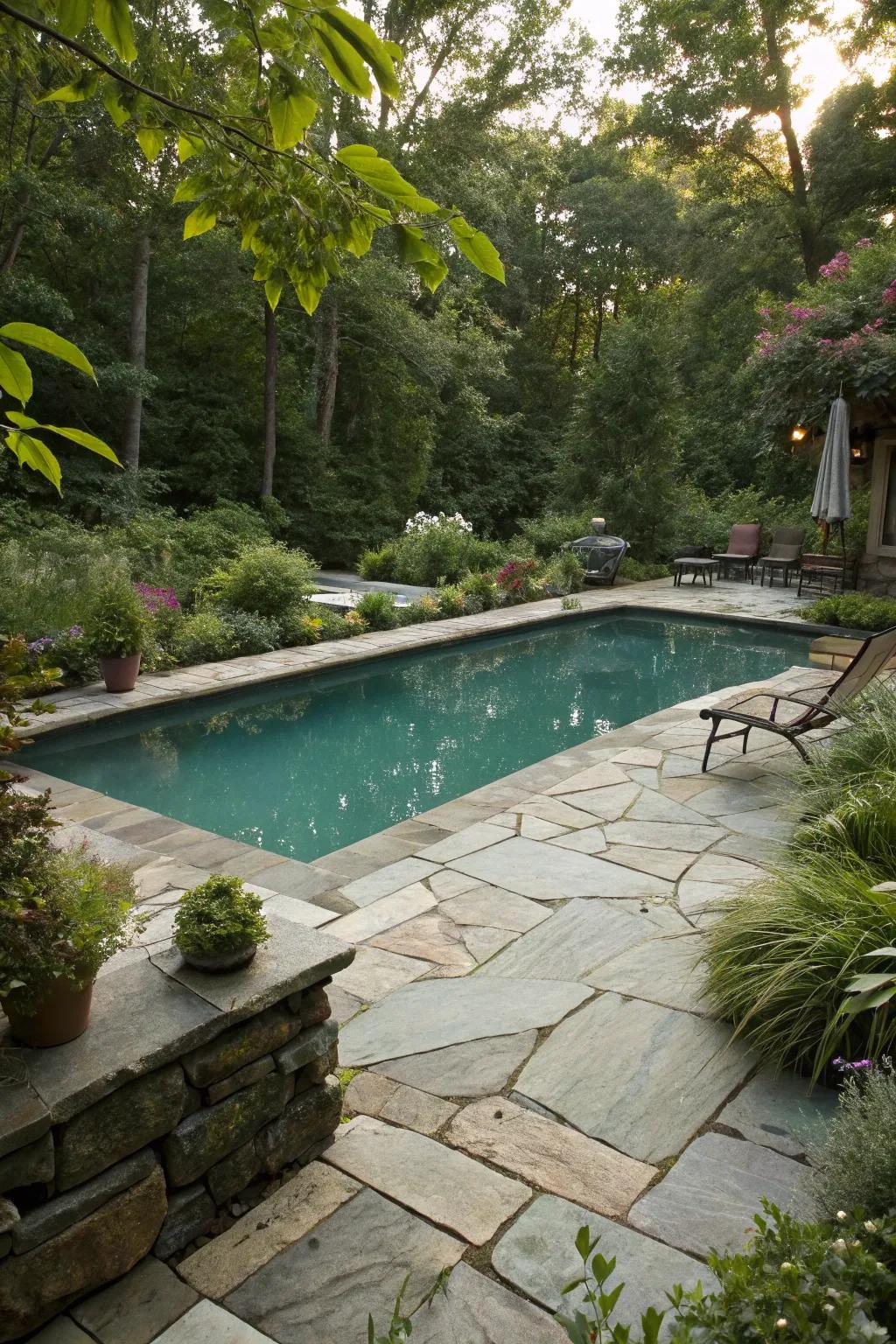 Natural stone decks provide elegance and durability for any pool area.
