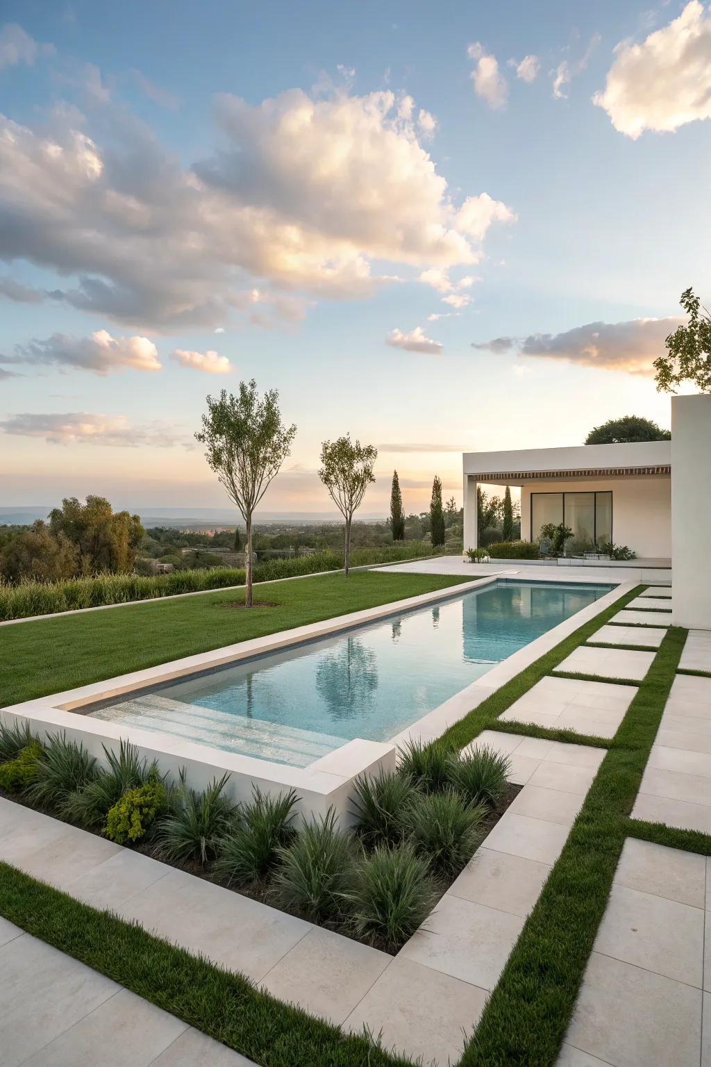 A refined geometric pool merges naturally with its contemporary environment.