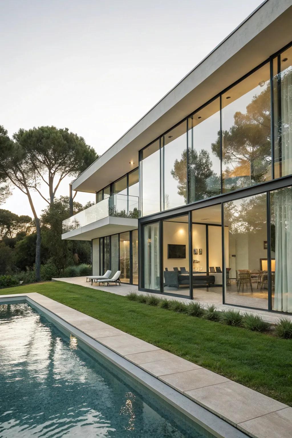 A streamlined modern pool house design that integrates perfectly with its environment.