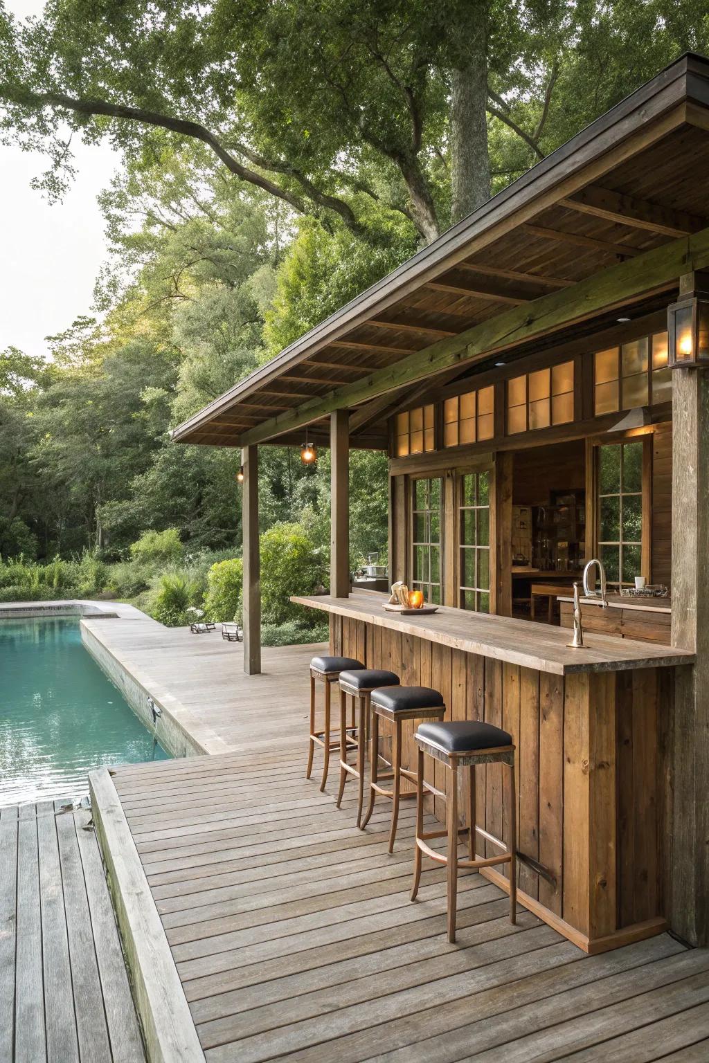 An aged timber wet bar infuses warmth and character into your poolside.