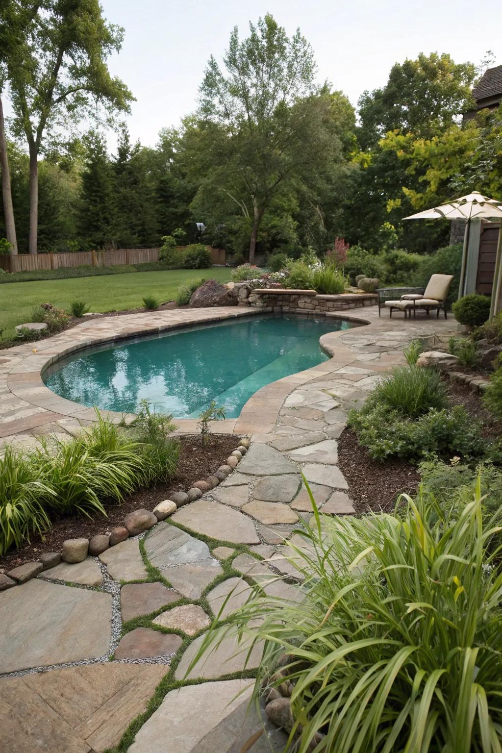 An organically shaped pool nestled within a naturalistic backyard setting.