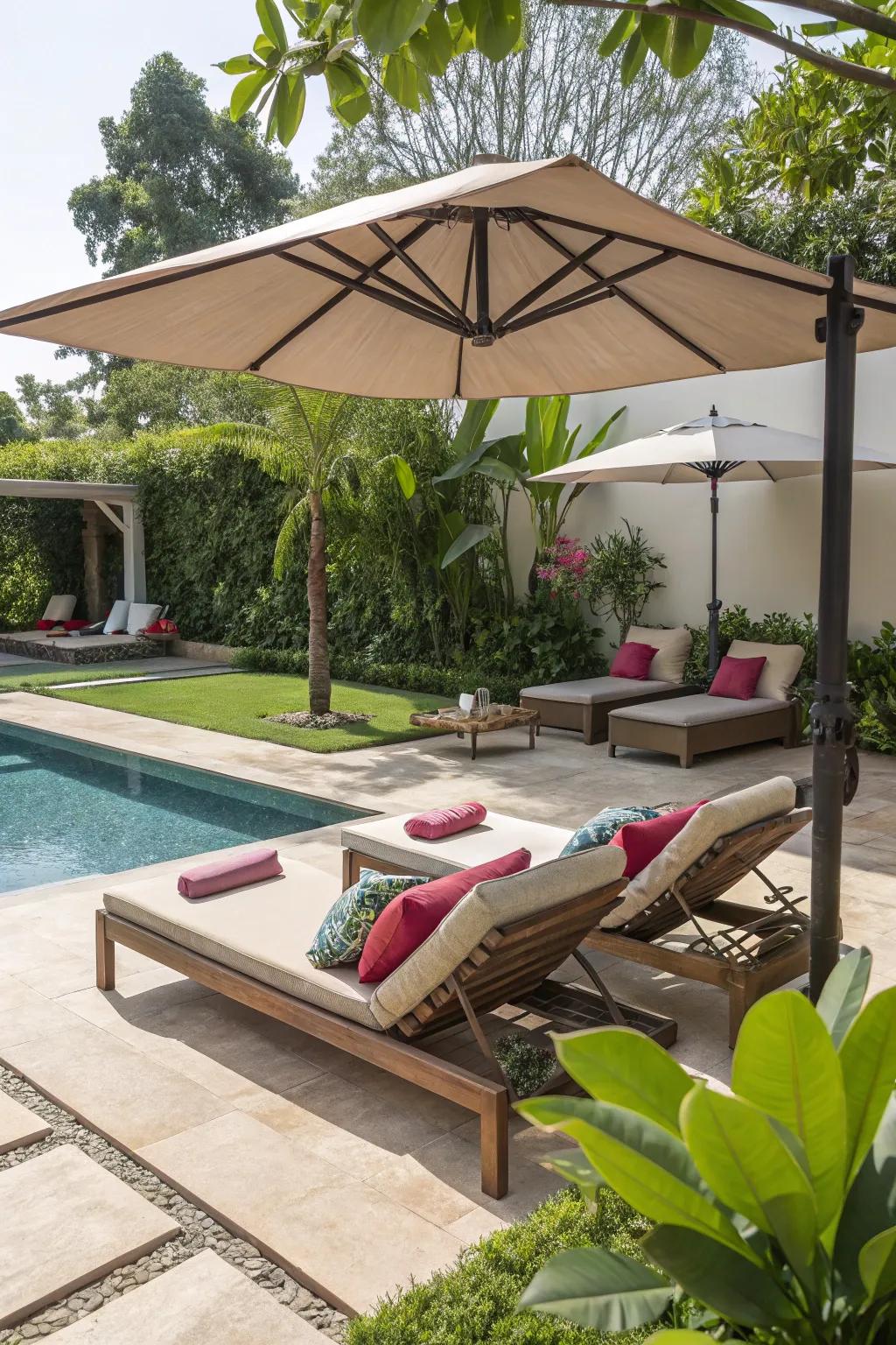 Design a comfortable lounge space by the pool with sumptuous seating.