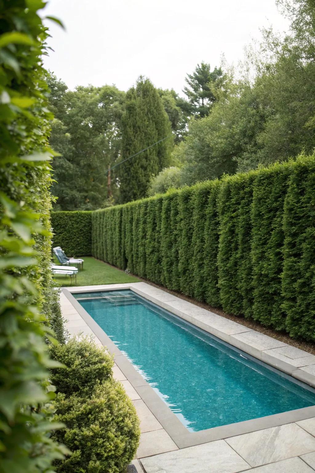 Tall hedges offer a natural haven of privacy encircling a backyard pool.