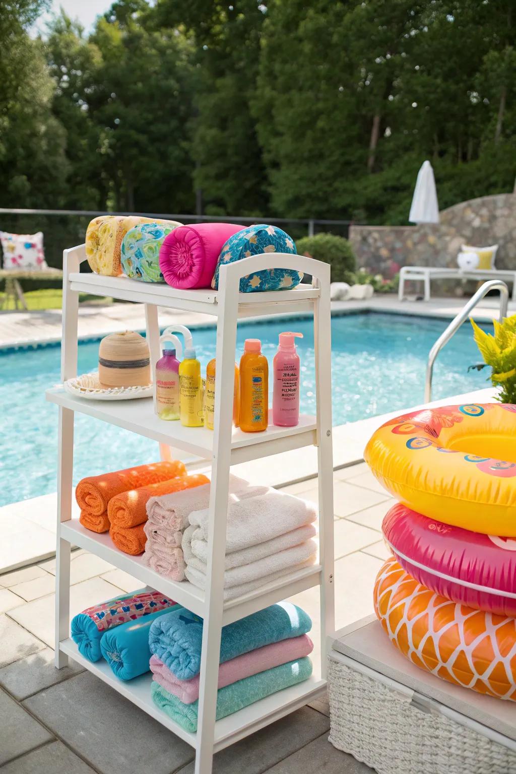 Bespoke shelving provides an elegant approach to organizing your poolside.