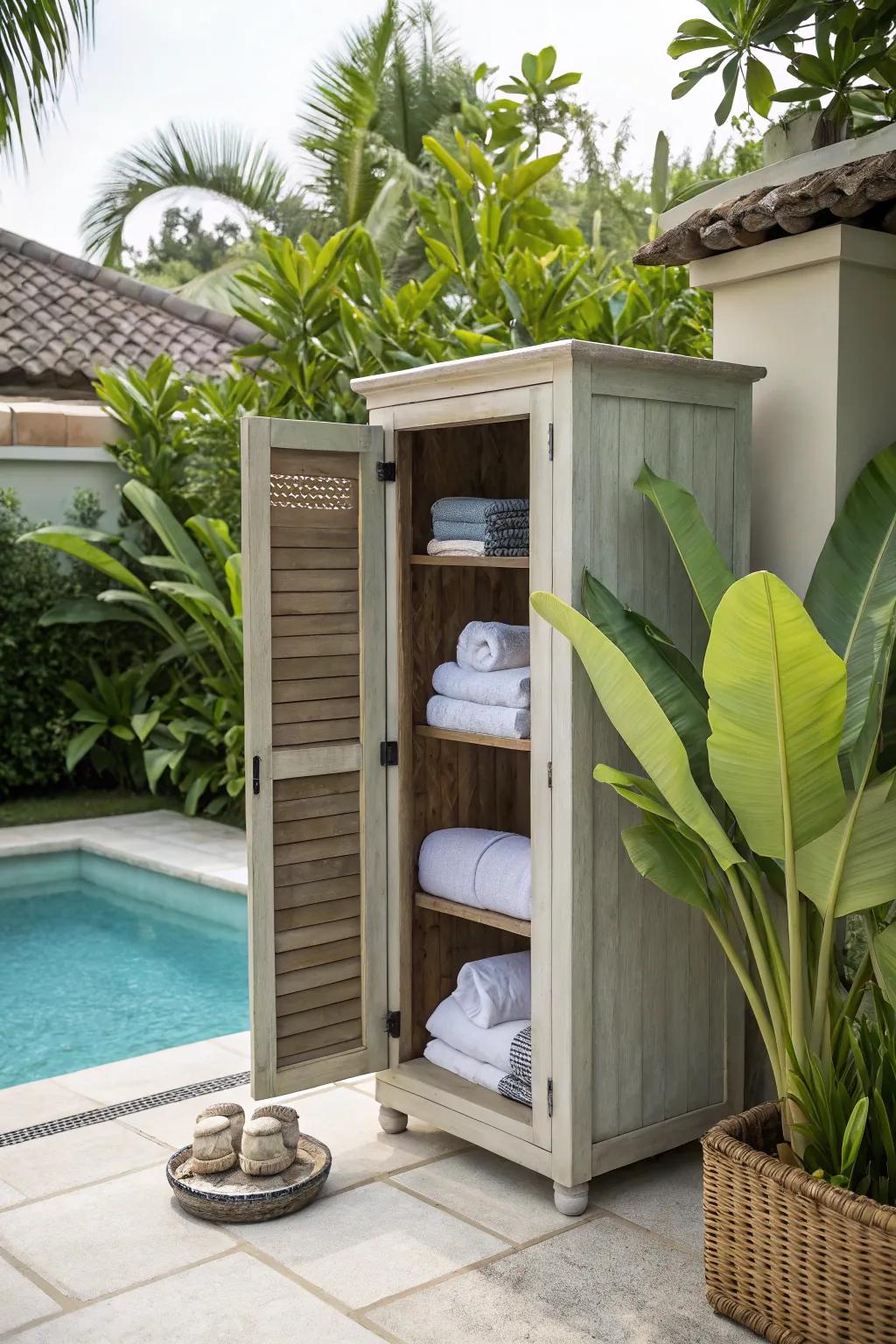 Cabana-inspired enclosure marrying practicality with tropical aesthetics.